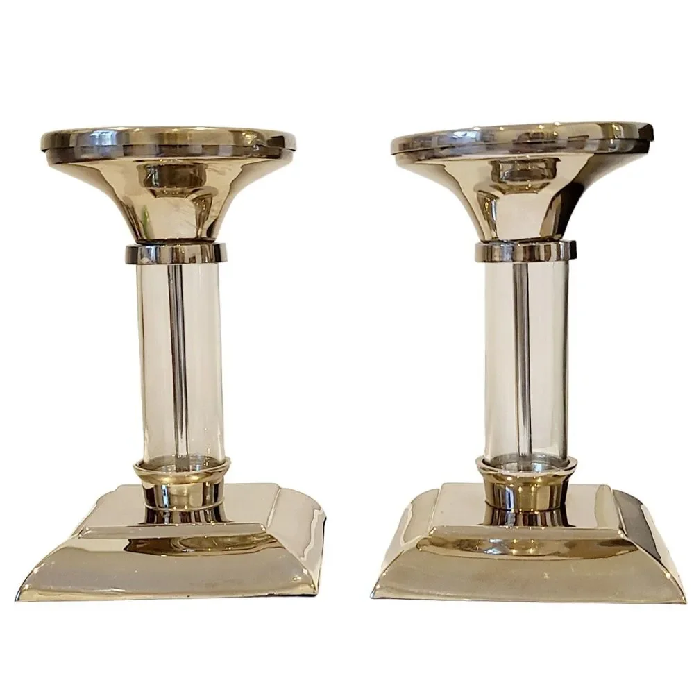 Set Of 2 Pottery Barn Amelia Pillar‎ Taper Candle Holder Chrome Glass Square